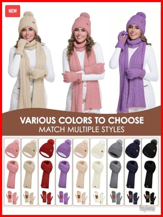 Fleece Lined Knitted Beanie Hat Scarf Gloves Set Touchscreen Mittens